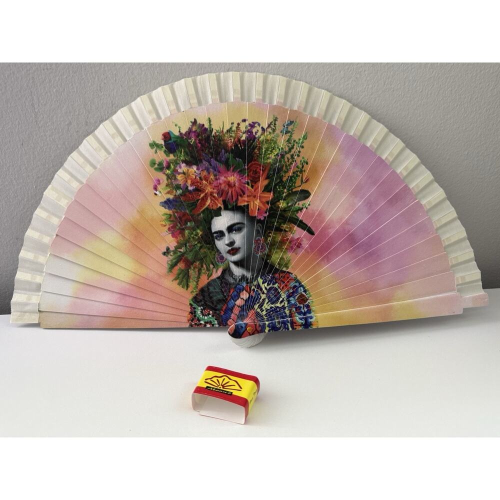 Frida Kahlo Hand Fan Spain – Floral Headpiece Design – Wood & Paper Fan 🇪🇸